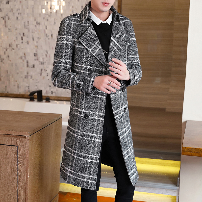 yuansu中长款风衣男秋冬季英伦风格子大衣青年帅气加长款过膝披风男