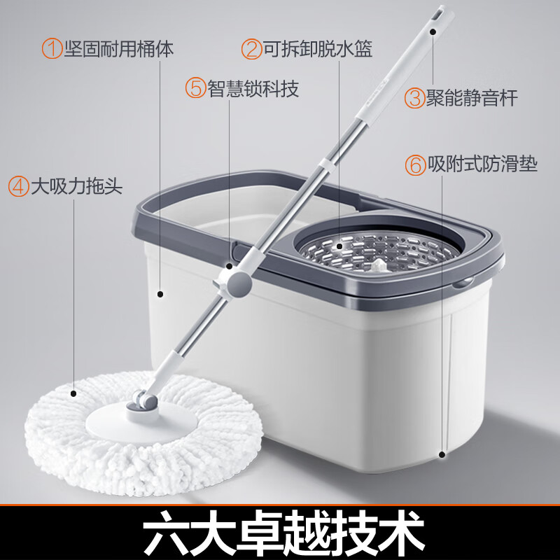 大卫双驱动旋转拖把桶通用懒人神器免手洗拖地家用一拖净拖布 配置共2个拖头高清大图