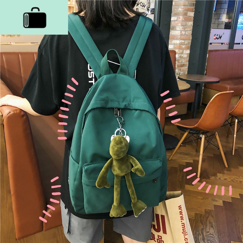 大学生书包女韩版高中森系帆布双肩包2019新款ins风简约大容量包NEW LAKE 墨绿色【收藏赠送青蛙挂件】
