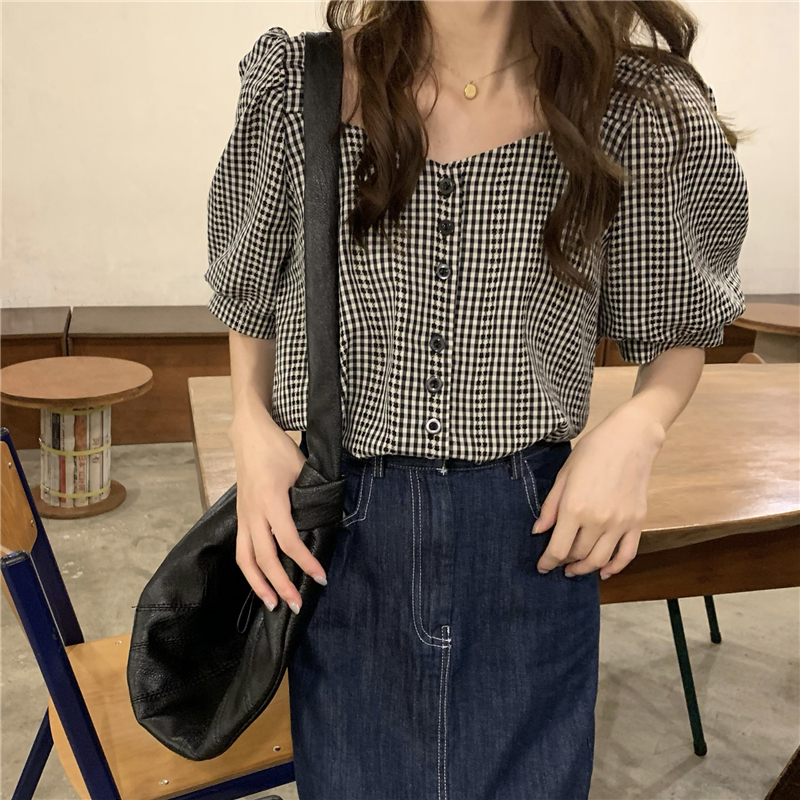 百搭甜美宽松泡泡袖上衣韩版复古方领格子撞色衬衫