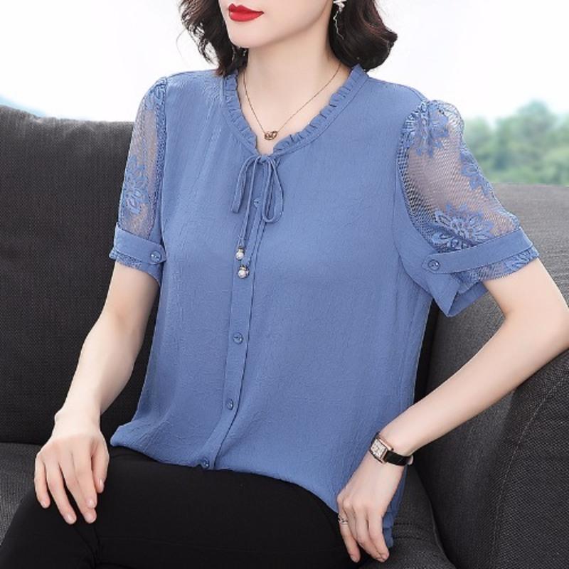 中老年人女装遮肚妈妈夏装短袖小衫T恤上衣服2021新品中年妇女 蓝色 M