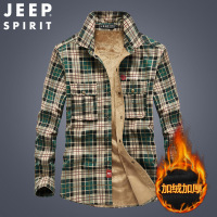 JEEP吉普男士加绒加厚长袖衬衫男中青年秋冬款衬衣休闲保暖衬衣服 L 绿格