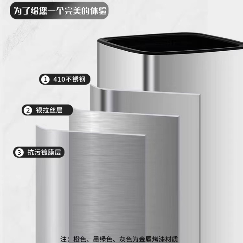 三吉森轻奢简约家用无盖不锈钢垃圾桶 方15L-砂钢高清大图