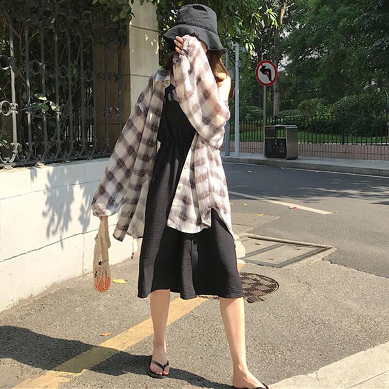 韩版宽松显瘦长袖雪纺格子衬衫女学生2018新款百搭中长款防晒衬衣白色百搭均码