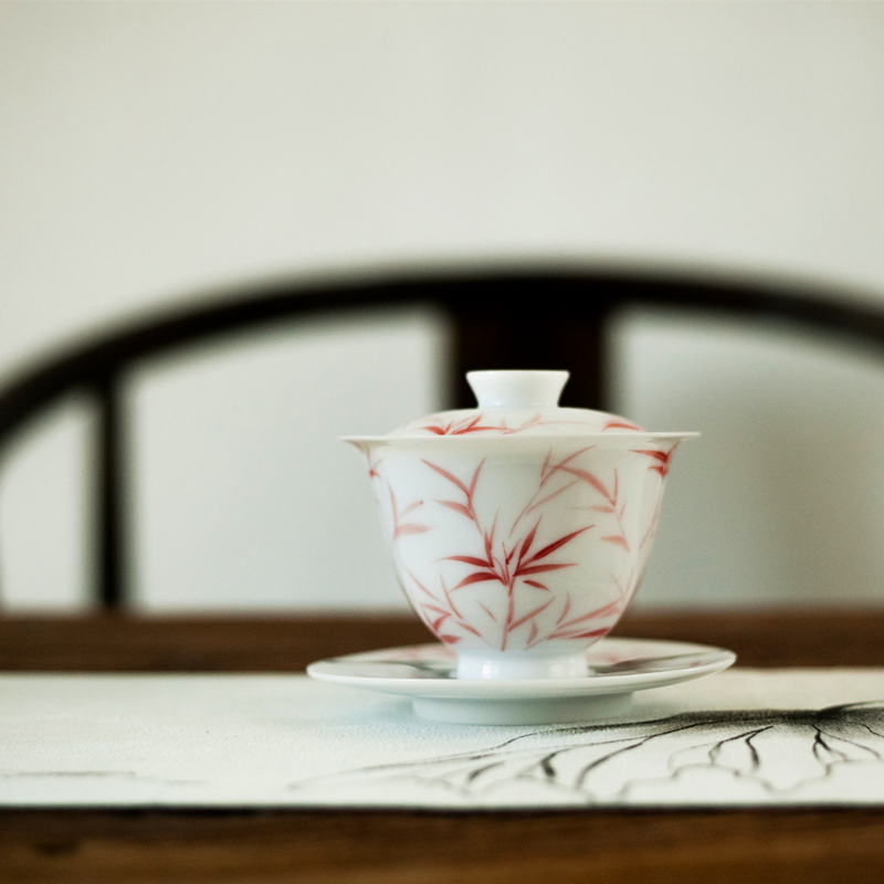美帮汇手绘红竹盖碗陶瓷三才碗品茗杯白瓷三才盖碗茶碗小茶杯茶具茶盏高清大图
