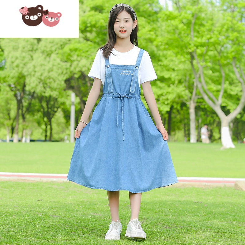 女童连衣裙夏装洋气夏季13套装大童女装女孩背带裙子牛仔儿童15岁视频