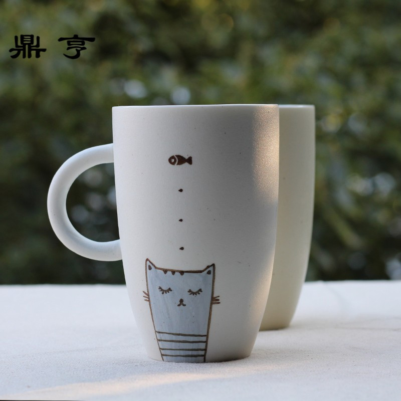 鼎亨创意手绘猫咪陶瓷杯子磨砂个性马克杯带盖勺情侣杯定制生日礼