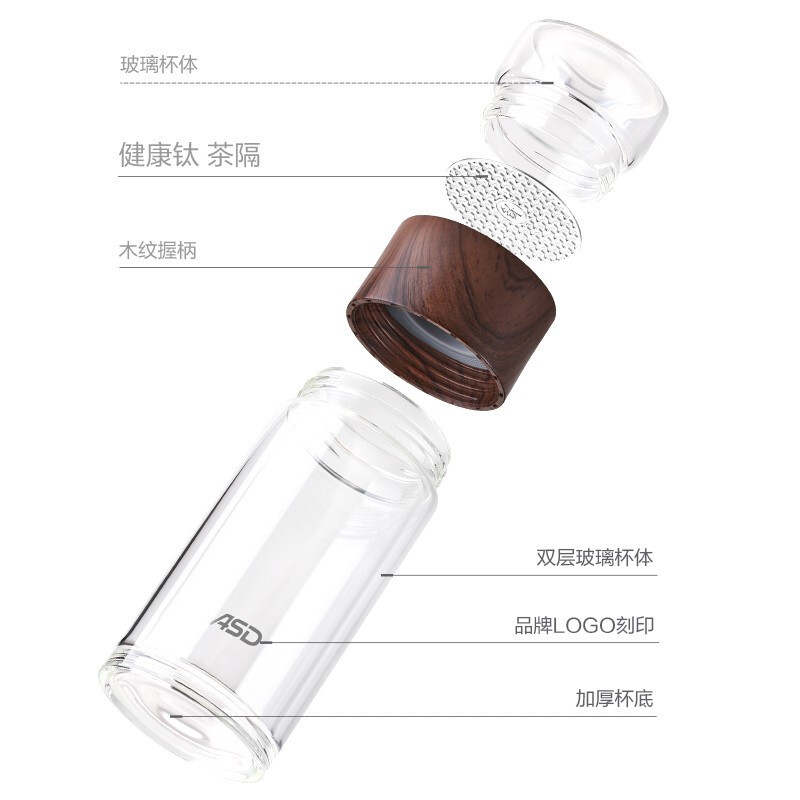 爱仕达(ASD)玻璃杯280ml水杯茶水分离双层隔热办公室宿舍泡茶耐热高硼硅玻璃杯家用男女便携玻璃杯泡茶杯 [双层隔热]高清大图