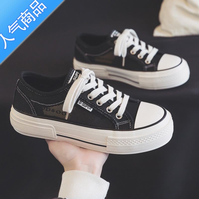 SUNTEK夏季薄款透气帆布鞋女鞋2023新款夏款网面网鞋镂空板鞋布鞋小黑鞋图片