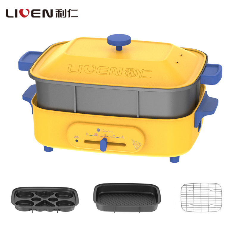 利仁(Liven)电火锅家用多功能料理锅电煮锅涮烤一体多用锅烤肉锅5L黄金容量1300W功率早餐机四档火力可调M-8