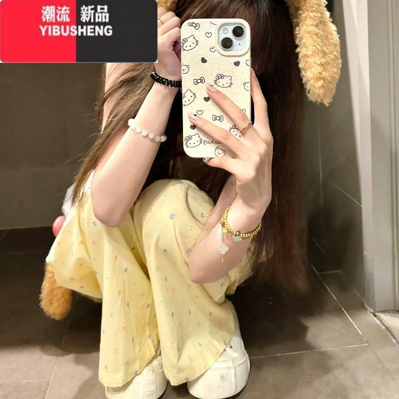 YIBUSHENG多巴胺波点阔腿裤女季薄2024新款休闲小个子高腰冰丝黄色山本裤
