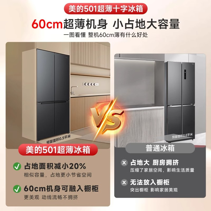 美的(Midea)一级能效大容量风冷无霜超薄冰箱572升双开对开门冰箱 BCD-572WKPM(Q) 炭灰-浮光