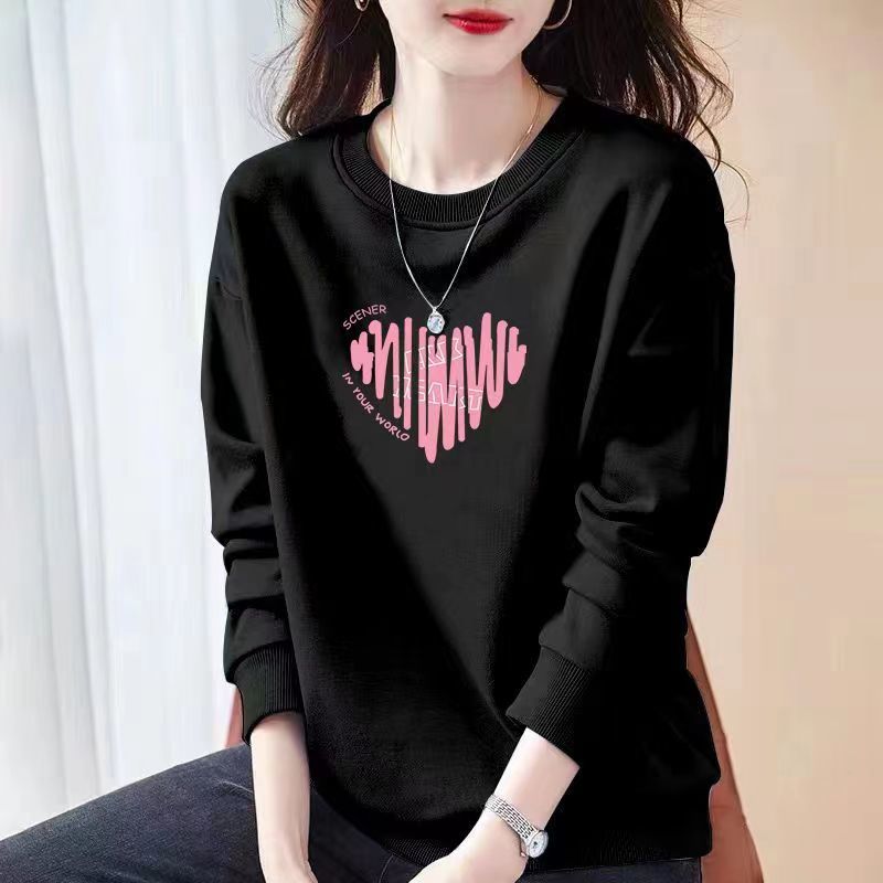 卫衣女秋冬新款休闲百搭时尚潮流宽松显瘦慵懒风圆领上衣服女外穿_245 3XL建议160-180斤 黑色圆领【不加绒】爱心