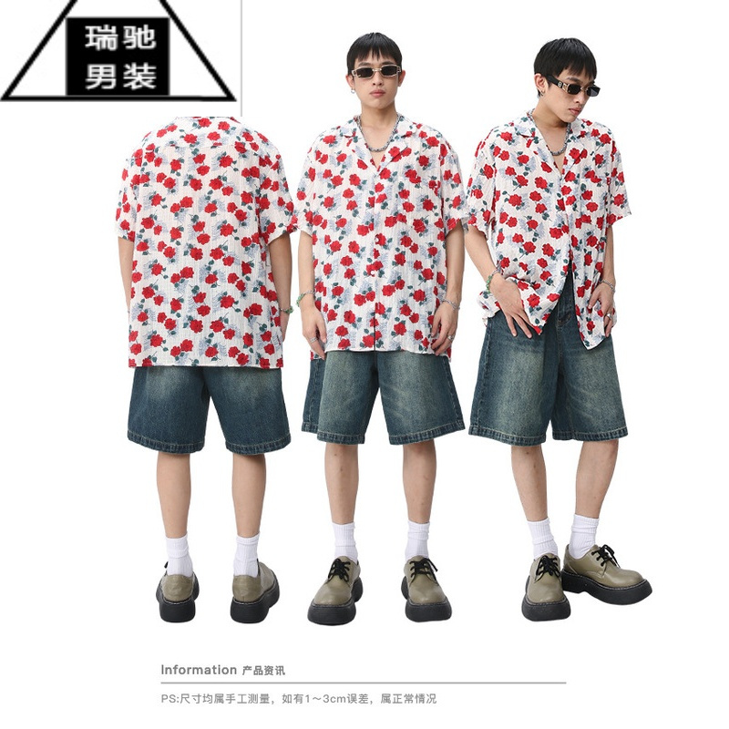 希杰狮王夏款复古宽松做旧牛仔短裤PLAN1ONE美式时尚高街水洗百搭五分裤男