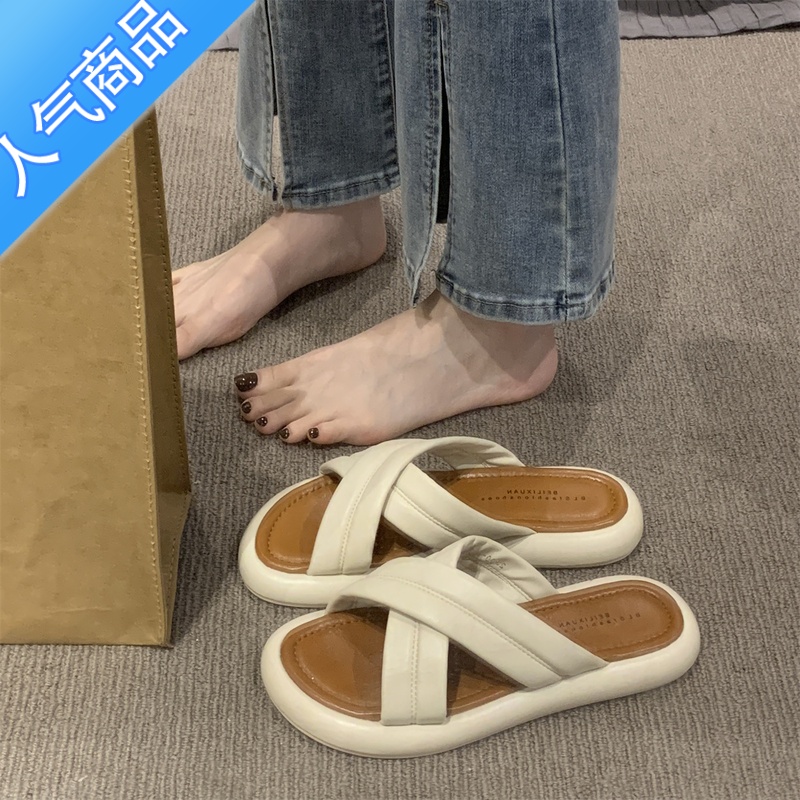 SUNTEK仙女风凉拖鞋外穿女鞋2023年春夏新款厚底法式配裙子露趾一字凉鞋高清大图