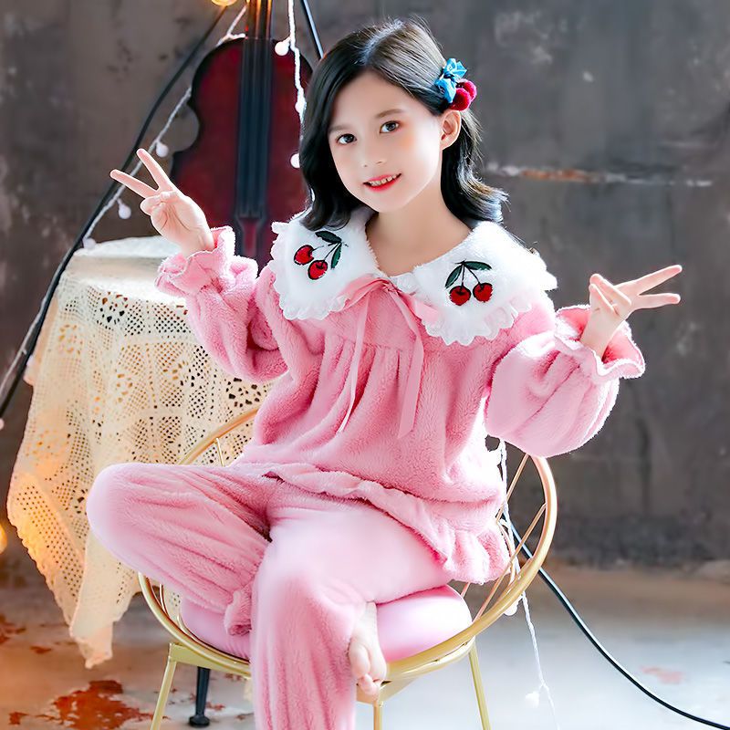 儿童睡衣冬季女童法兰绒珊瑚绒秋冬加厚女孩公主女宝宝家居服套装