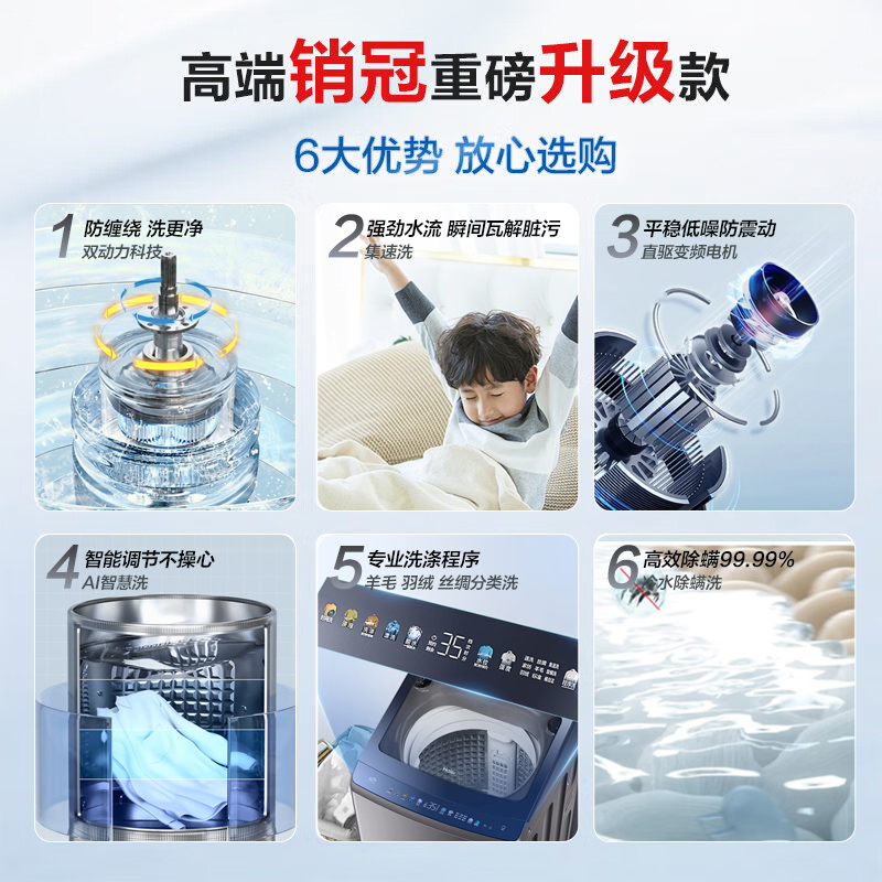 海尔(Haier)10公斤 波轮洗衣机 变频全自动 双动力系列 晶彩触控大屏 高洗净比 玻璃盖XQS100-BZ556高清大图