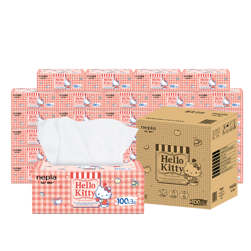 妮飘(Nepia)凯蒂风味抽取式面纸儿童家用抽纸餐巾纸3层加厚100抽*30包整箱