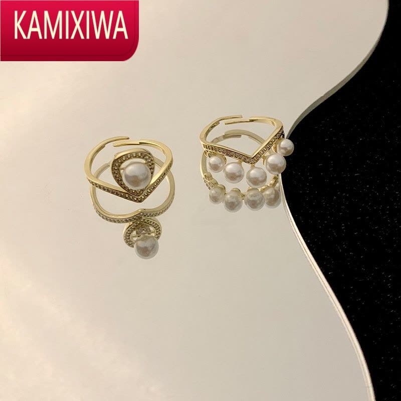 KAMIXIWA气质温柔高级感珍珠皇冠叠戴戒指两件套装闪钻百搭网红食指戒子女图片