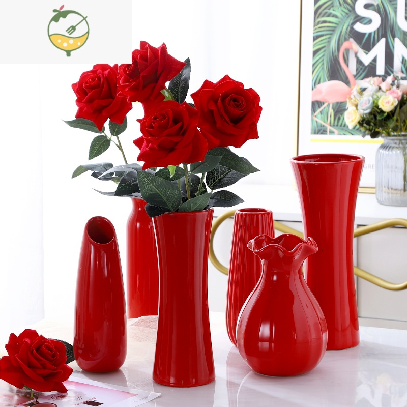 yicheng中国红台面陶瓷装饰 红色喜庆结婚花瓶 家居摆件干花花器插花