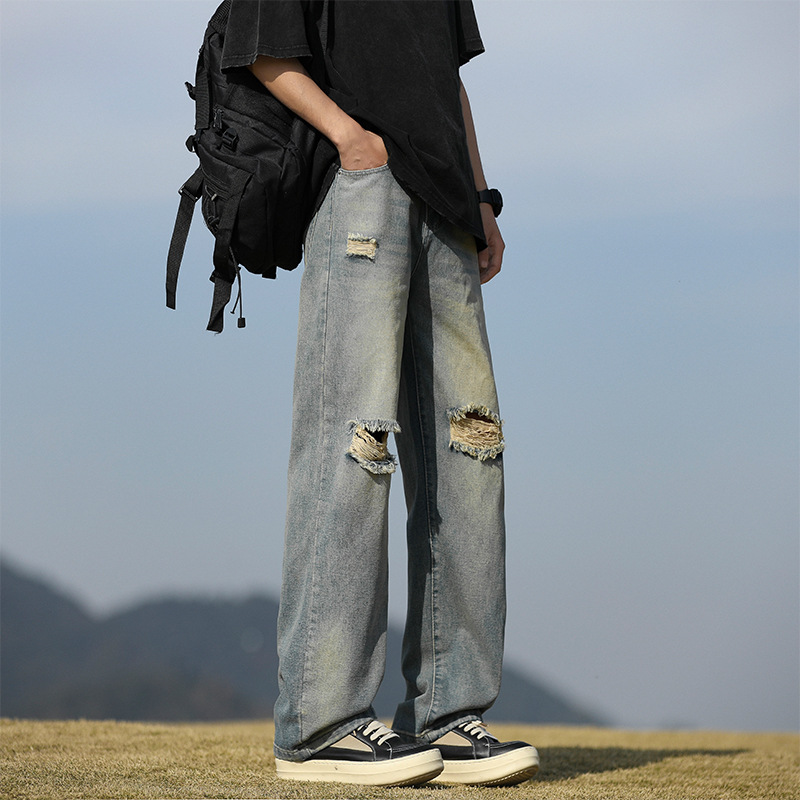 宽松牛仔裤男青年潮牌大学生休闲裤子男磨白牛仔裤男生割破乞丐裤高清大图