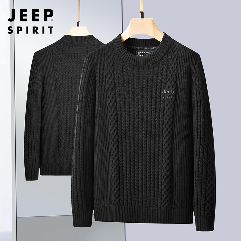 JEEP SPIRIT吉普男士纯棉毛衣秋季圆领针织上衣新款宽松保暖套头时尚毛衫高清大图