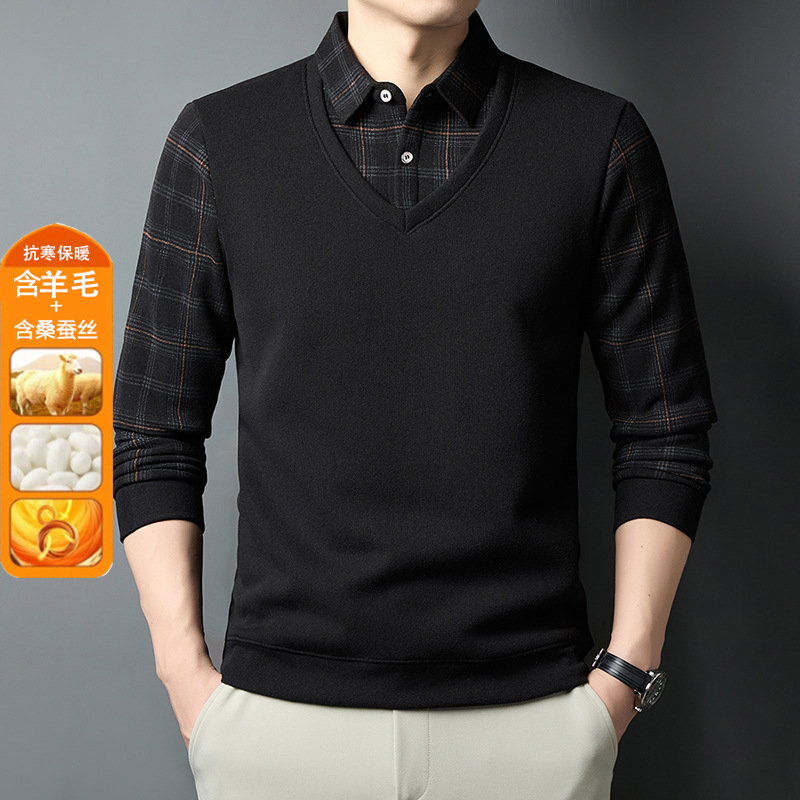 冬季含羊毛蚕丝男士假两件加绒加厚保暖衬衫领印花打底针织衫男_300814 黑色 XXXL