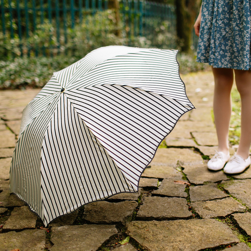 条纹防晒防紫外线夏季黑胶晴雨两用太阳雨伞折叠三折小清新女神伞