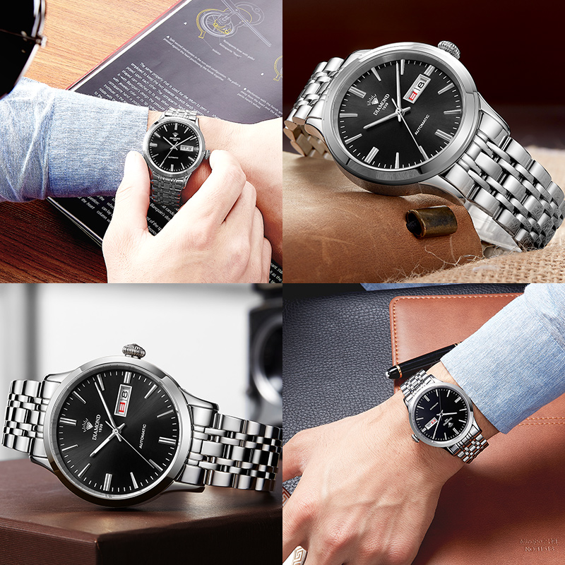 上海钻石牌（DIAMOND)手表机械表男表全自动大表盘日历精钢8030男士机械表DA-8030G钻石手表黑面白钢高清大图