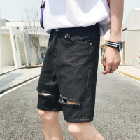 夏天薄款休闲牛仔裤短裤男士宽松弹力松紧五分中裤韩版潮黑色裤子