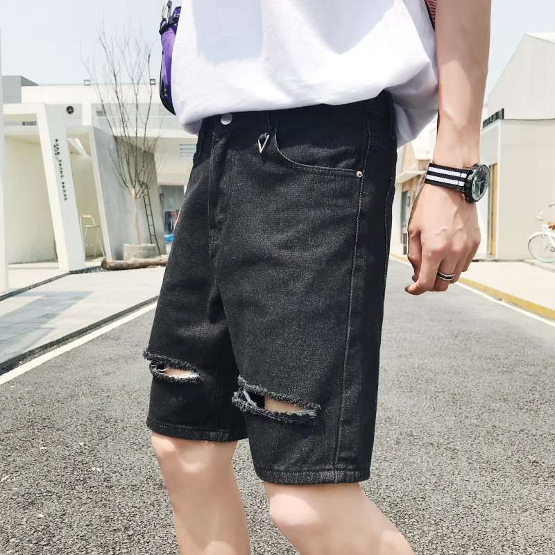 夏天薄款休闲牛仔裤短裤男士宽松弹力松紧五分中裤韩版潮黑色裤子