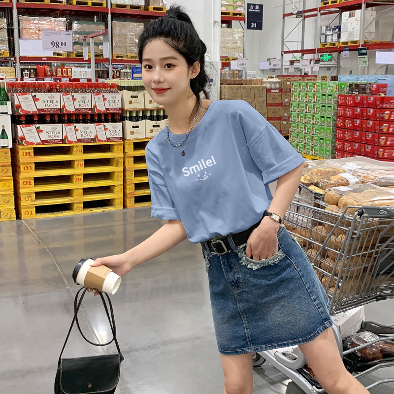 唐狮短袖t恤女夏季韩版宽松韩版宽松圆领前胸字母