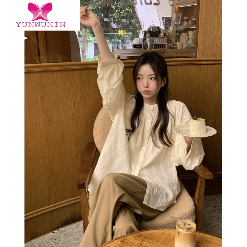 YUNWUXIN法式复古宫廷蕾丝刺绣泡泡长袖衬衫女秋装设计感小众温柔棉麻上衣