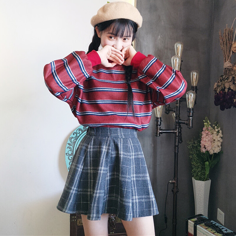 学院风少女泡泡袖条纹卫衣半身裙闺蜜套装学生姐妹两件套蓝条纹卫衣+半身裙
