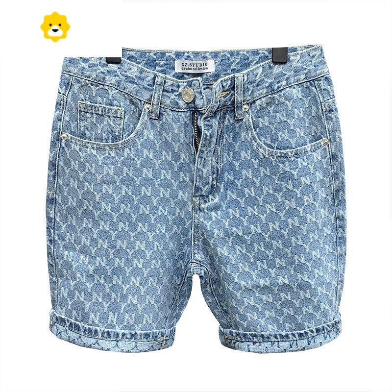 FISH BASKET2024季新款潮牌时尚满身字母修身牛仔短裤男生痞帅休闲4分裤