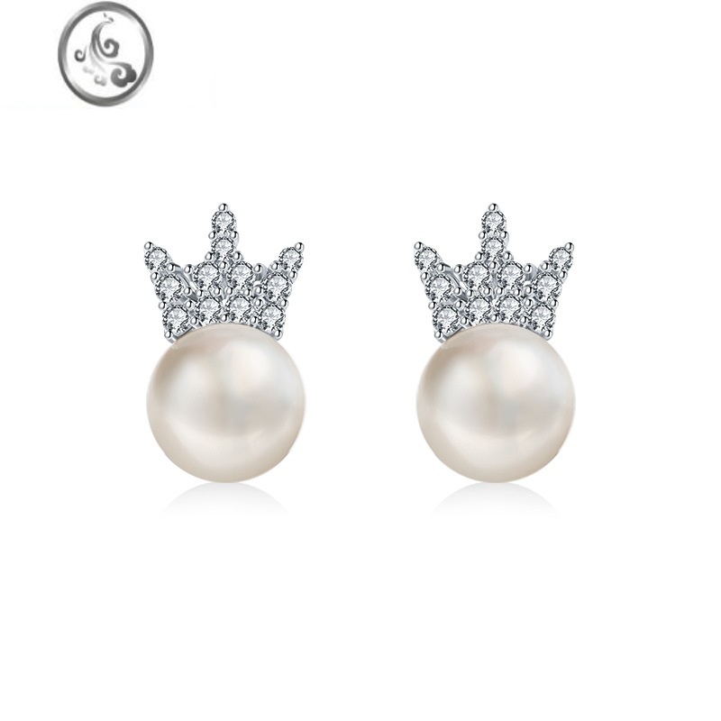 JiMi时尚ins风淡水珍珠耳钉s925银银满钻皇冠耳环小清新锆石耳饰