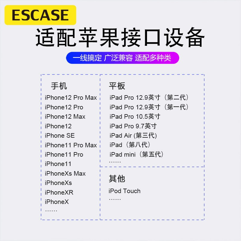 ESCASE 苹果数据线 iphone手机充电线 适用于苹果11promax/12mini车载充电器线2米 ES-C06