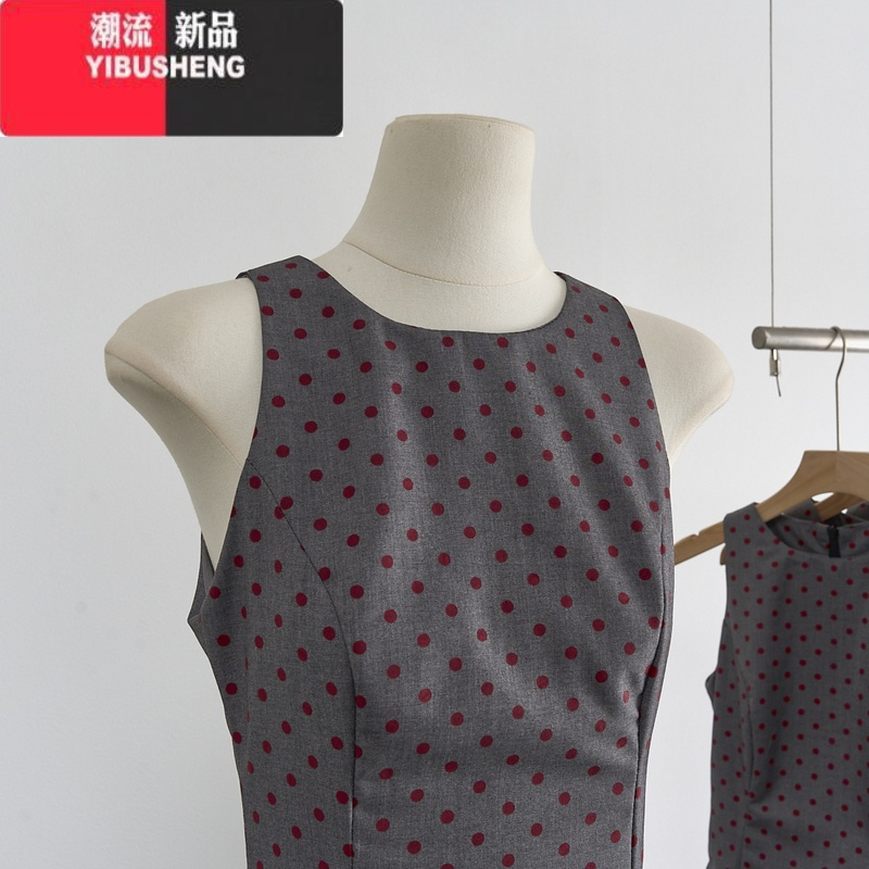 YIBUSHENG复古波点连衣裙春季女收腰背心裙无袖短款裙子