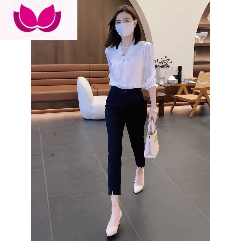 七斓夏季时尚条纹领结半袖衬衫套显高西裤小个子西装裤职业套装女 白色衬衫 XL