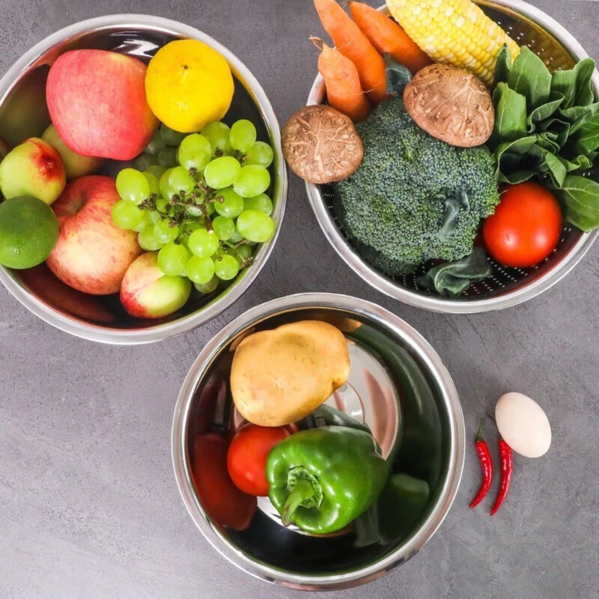 康巴赫 不锈钢家用洗菜盆沥水篮滤沥水果盆淘米筛盆子漏盆和面盆调料盆 盆筛三件套高清大图