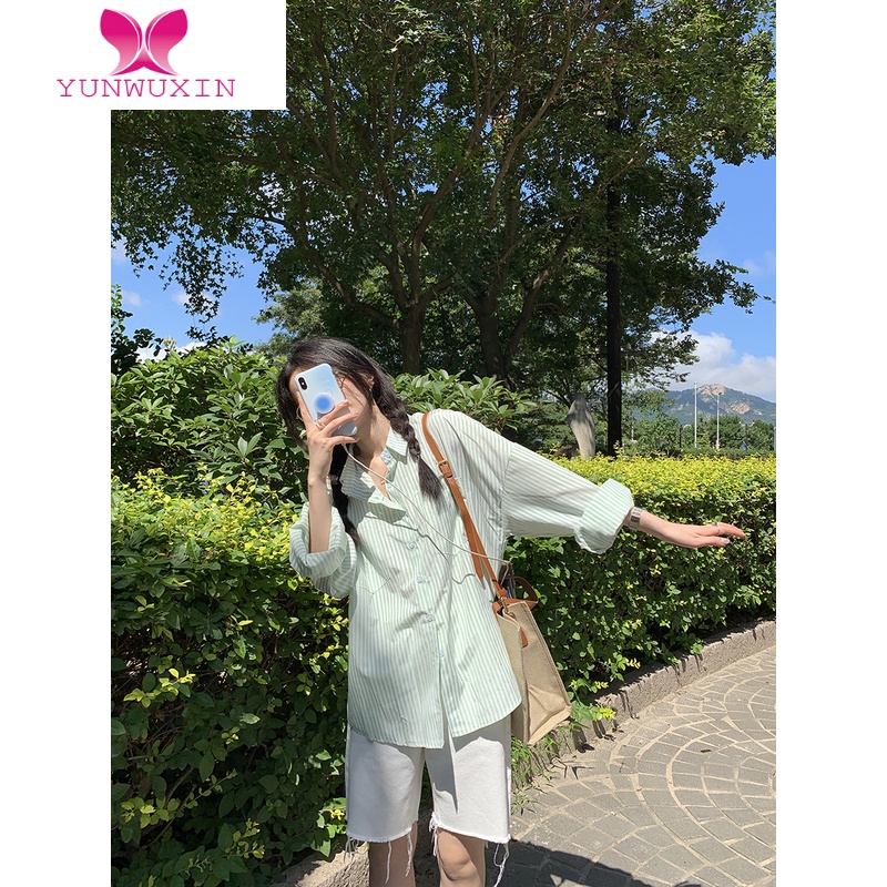 YUNWUXIN 早秋韩系上衣慵懒风宽松长袖条纹衬衫女