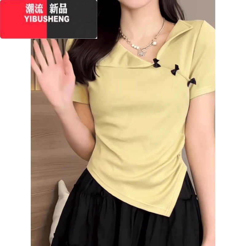 YIBUSHENG不规则翻领正肩短袖T恤女2024季大码胖mm显瘦小众收腰甜辣上衣高清大图