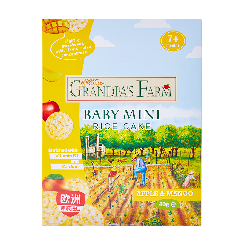 爷爷的农场 欧洲进口宝宝水果磨牙饼干婴幼儿零食小吃磨牙棒 苹果芒果味味米饼 40g/盒