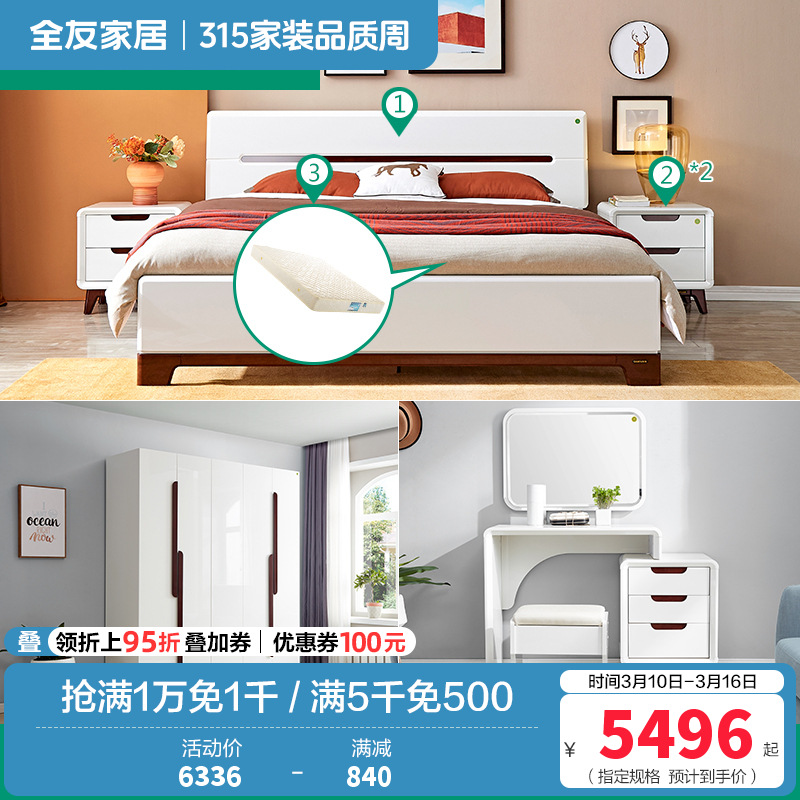 全友家居 现代简约卧室家具套装 双人床衣柜梳妆台凳 1.5米床+床头柜*2+105001床垫+五门衣柜+梳妆台凳