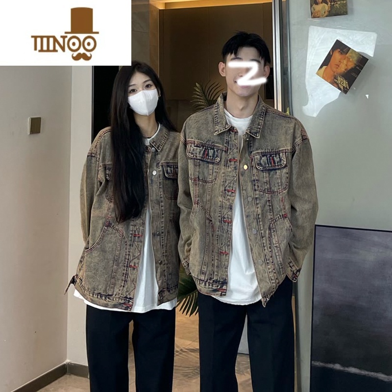 YANXU网红同款水洗做旧牛仔外套男复古痞帅工装翻领夹克宽松情侣上装仔高清大图