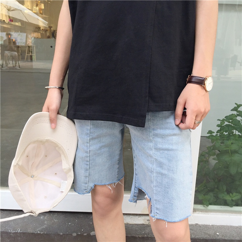 韩版日韩风不规则毛边裤脚复古蓝直筒宽松牛仔短裤男五分裤子潮