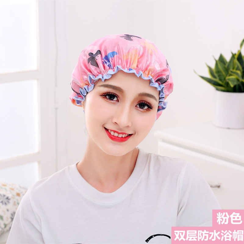 浴帽防水成人女款可爱双层加厚淋浴洗头长发洗澡帽女士 三维工匠 买粉色送灰色高清大图