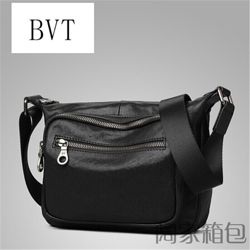 BVT 街头时尚单肩包男牛皮斜挎包横款休闲韩版迷你小背包学生 黑色