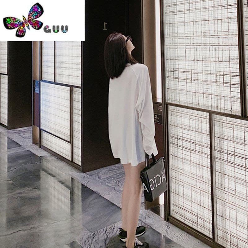 语娄白色长袖t恤女2023秋季薄款打底衫宽松中长款遮屁股圆领ins潮内搭图片