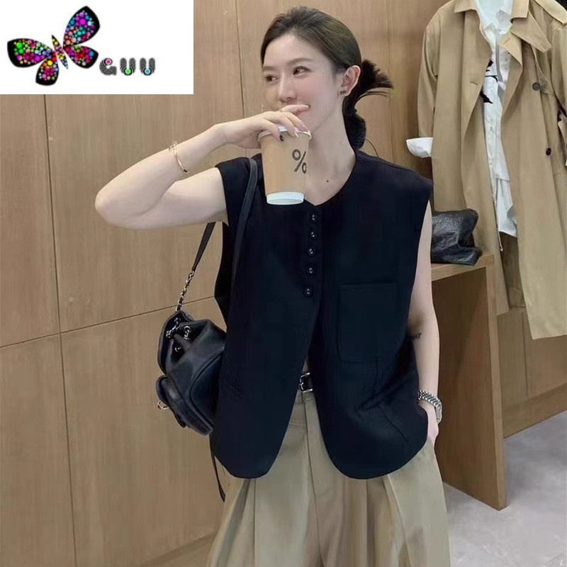 语娄圆领单排扣短款西装马甲外套女秋欧货洋气复古别致设计感小众马夹